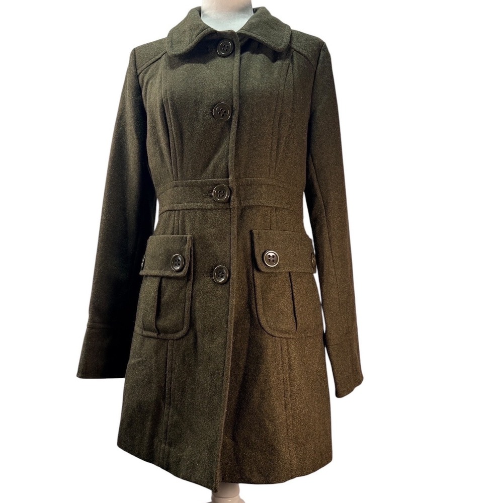 Tulle Womens Fitted Coat L Olive Green Wool Blend Button Mod Retro Lined Preppy